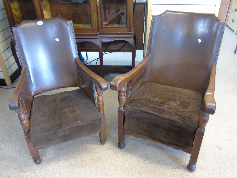 PAIR OF LEATHER BACKED FIRESIDE ARMCHAIRS