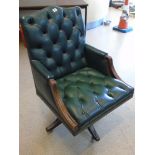 GREEN LEATHER BUTTON BACKED LIBRARY SWIVEL CHAIR