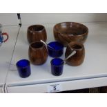 TURNED WOOD CONDIMENT SET WITH BRISTOL BLUE GLASS LINERS AND SPOONS