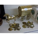 BRASS GYPSY CARAVAN AND A PAIR OF BRASS WALL SCONCES