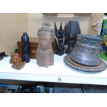 WRITING SLOPE, WOODEN CARVINGS & METAL ITEMS