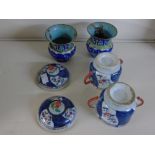 A PAIR OF CLOISONNE VASES AND A PAIR OF ORIENTAL TWIN HANDLED LIDDED POTS, ALL A/F