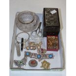 BOX OF MIXED JEWELLERY, CARVED CARD CASE & HALL MARKED SILVER POT