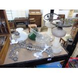 2 GLASS BASED OIL LAMPS,ACCESSORIES + HANGING CEILING LIGHT WITH DROPS