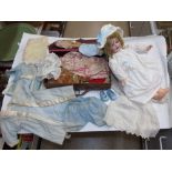 KAMMER & REINHARDT DOLL, ALSO MARKED SIMON & HABIG 122 WITH ASSORTED CLOTHES IN SMALL SUITCASE