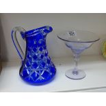 BLUE FLASH GLASS JUG & VENITIAN GLASS BON BON DISH