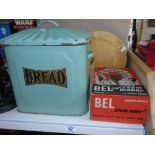 GREEN ENAMEL 'BREAD' BIN, BEL CREAM MAKER WOODEN BREAD BOARD