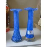 PAIR OF BLUE GLASS VASES WITH FLUTED RIMS