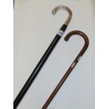 2 WALKING STICKS, ONE WITH WHITE METAL HANDLE