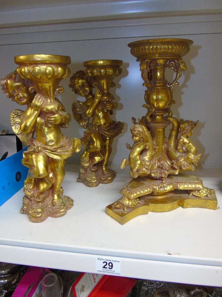 3 GILDED CANDLE STANDS