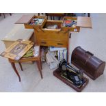 PINE SEWING CABINET & CONTENTS + SEWING MACHINE & INLAID SEWING TABLE