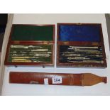 2 X MAHOGANY BOXES CONTAINING VINTAGE TECHNICAL DRAWING KITS & SLIDE RULE