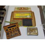 VINTAGE DRAWING EQUIPMENT & MAHOGANY BOXED SET OF JEWELLERS WEIGHTS