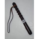 TURNED WOODEN TRUNCHEON WITH LEATHER STRAP 33 CMS