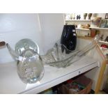 4 LARGE GLASS PIECES INCLUDING PAPERWEIGHTS