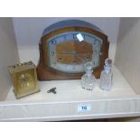 WOODEN MANTLE CLOCK, CARRIAGE CLOCK + 2 GLASS PERFUME BOTTLES