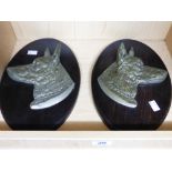 2 MOUNTED METAL DOGS HEADS ON WOODEN WALL PLAQUES