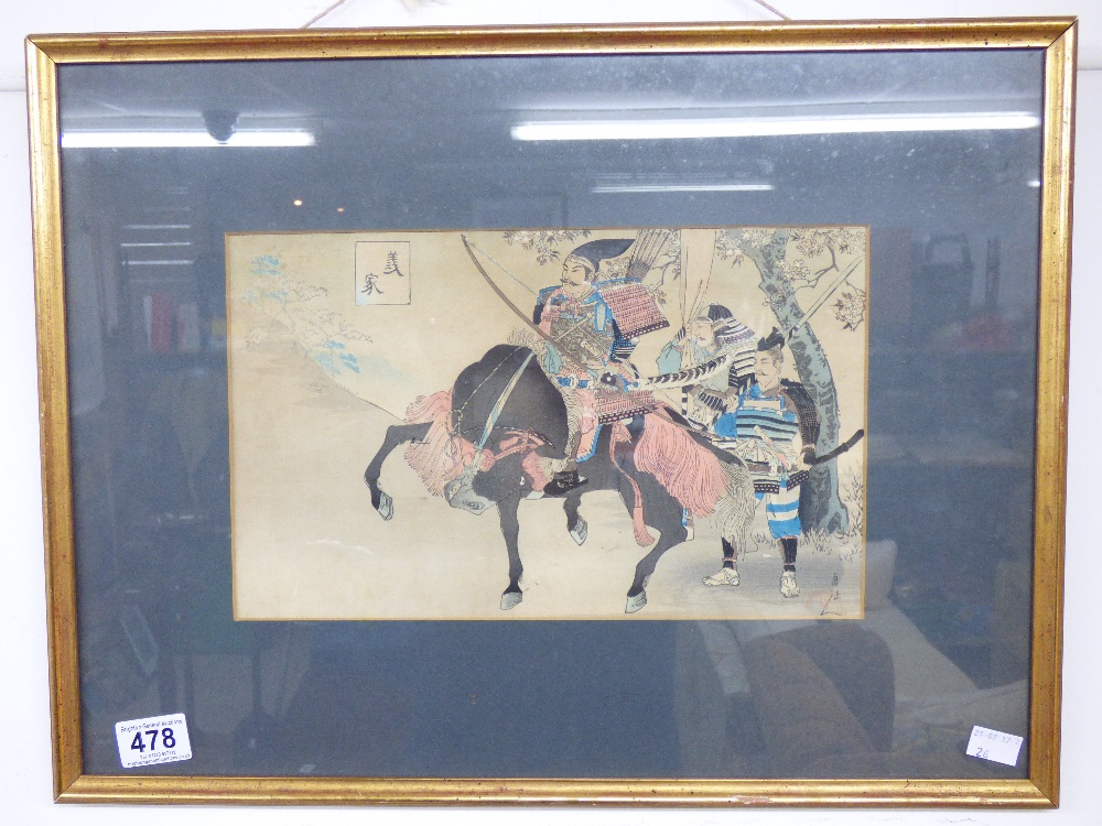 FRAMED JAPANESE 20TH CENTURY WOOD BLOCK PRINT OF HUNTERS