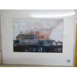 SIGNED PRINT OF THE WEST PIER ON FIRE BY NIGEL SWALLOW