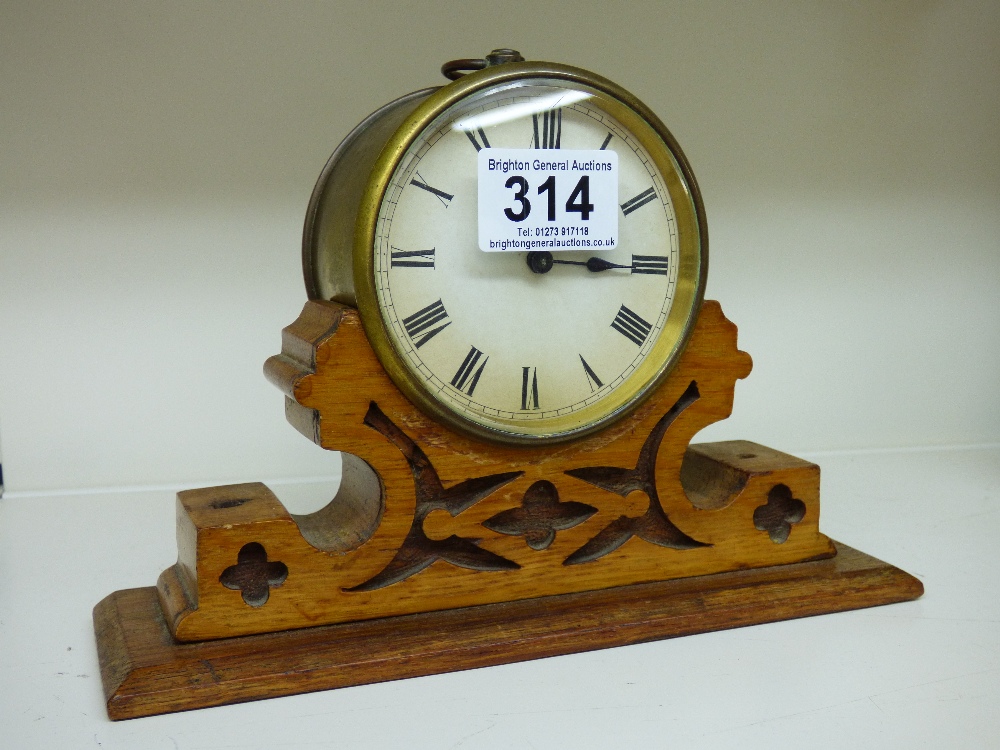 BRASS DRUM CASED CARRIAGE CLOCK MOUNTED ON A LATER OAK BASE - Image 2 of 4