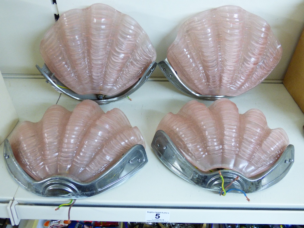 4 ART DECO PINK GLASS SHELL WALL LIGHTS