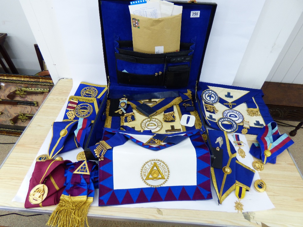 QUANTITY OF WEST LANCASHIRE FREEMASONS ITEMS INCLUDING JEWELS / MEDALS, REGALIA, APRON + OTHERS