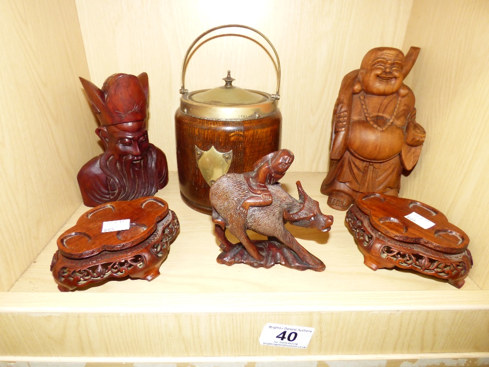 BISCUIT BARREL & OTHER WOODEN ITEMS INCLUDING WATER BUFFALO & RIDER