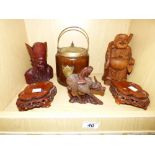 BISCUIT BARREL & OTHER WOODEN ITEMS INCLUDING WATER BUFFALO & RIDER