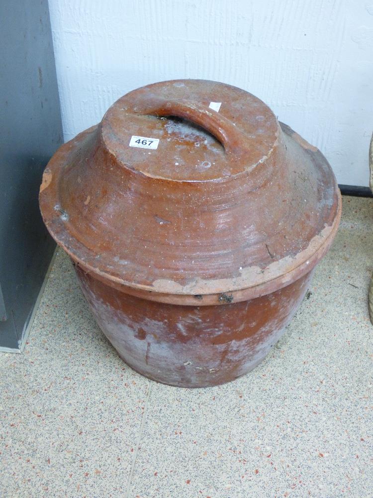 LARGE LIDDED, GLAZED, TERRACOTTA POT