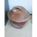 LARGE LIDDED, GLAZED, TERRACOTTA POT