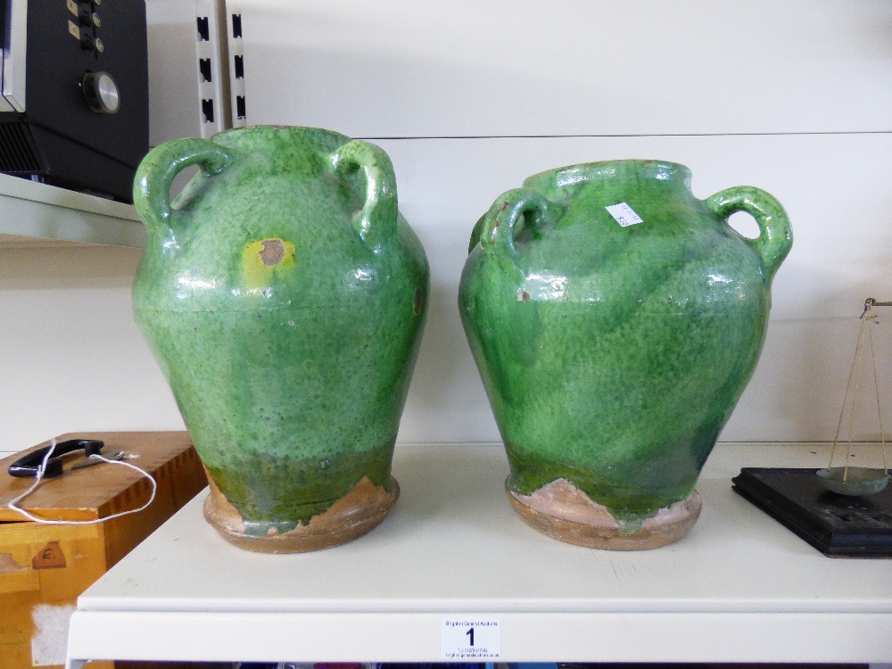 2 LARGE GREEN, GLAZED TERRACOTTA URNS