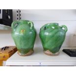 2 LARGE GREEN, GLAZED TERRACOTTA URNS