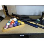 SNOOKER CUES & CASE + SET OF BALL & TRIANGLE