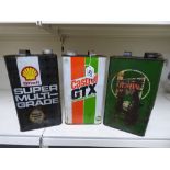 3 X VINTAGE 1 GALLON OIL CANS, CONTAINING SOME OIL