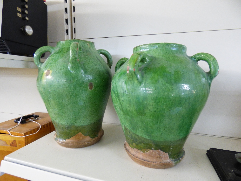 2 LARGE GREEN, GLAZED TERRACOTTA URNS - Image 2 of 3