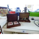 WOODEN BRIDGE CARD BOX & WOODEN BOX CONTAINING MAGNIFIER & LETTER OPENER