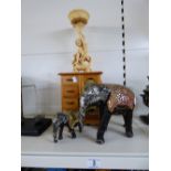 JEWELLERY BOX, 2 MIRRORED ELEPHANT FIGURES & CHERUB STAND