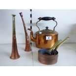 COPPER KETTLE, COPPER PANS & 2 COPPER HORNS