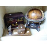 GLOBE, JEWELLERY BOX & WOODEN CIGARETTE DISPENSER