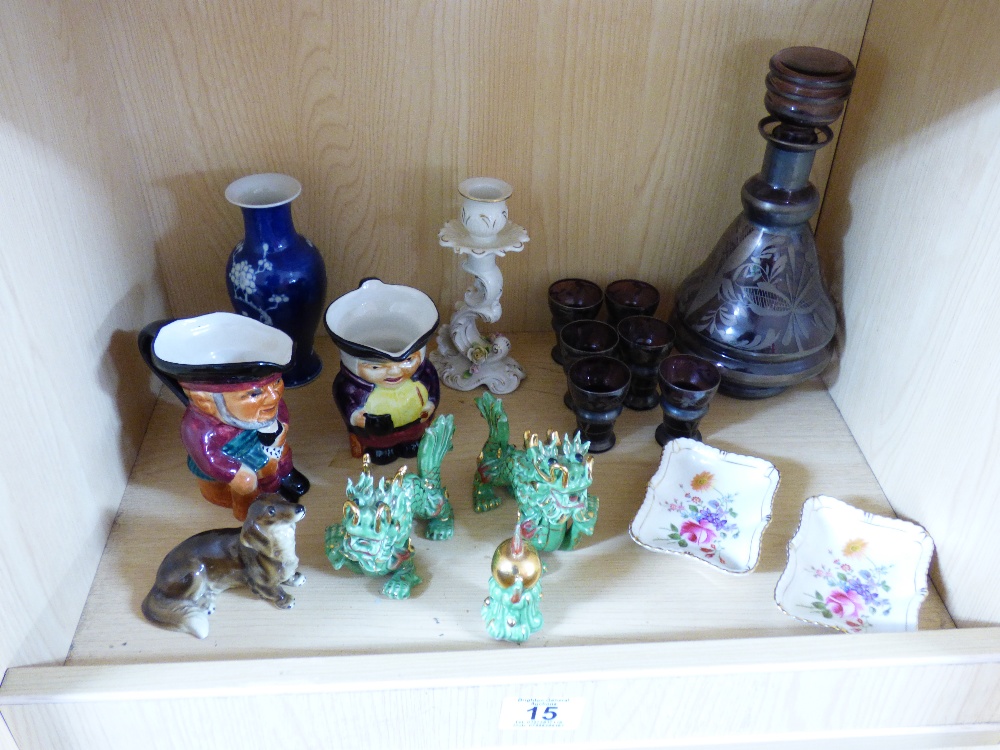 ASSORTED CERAMICS + ETCHED DECANTER & MATCHING GLASSES