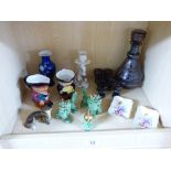 ASSORTED CERAMICS + ETCHED DECANTER & MATCHING GLASSES
