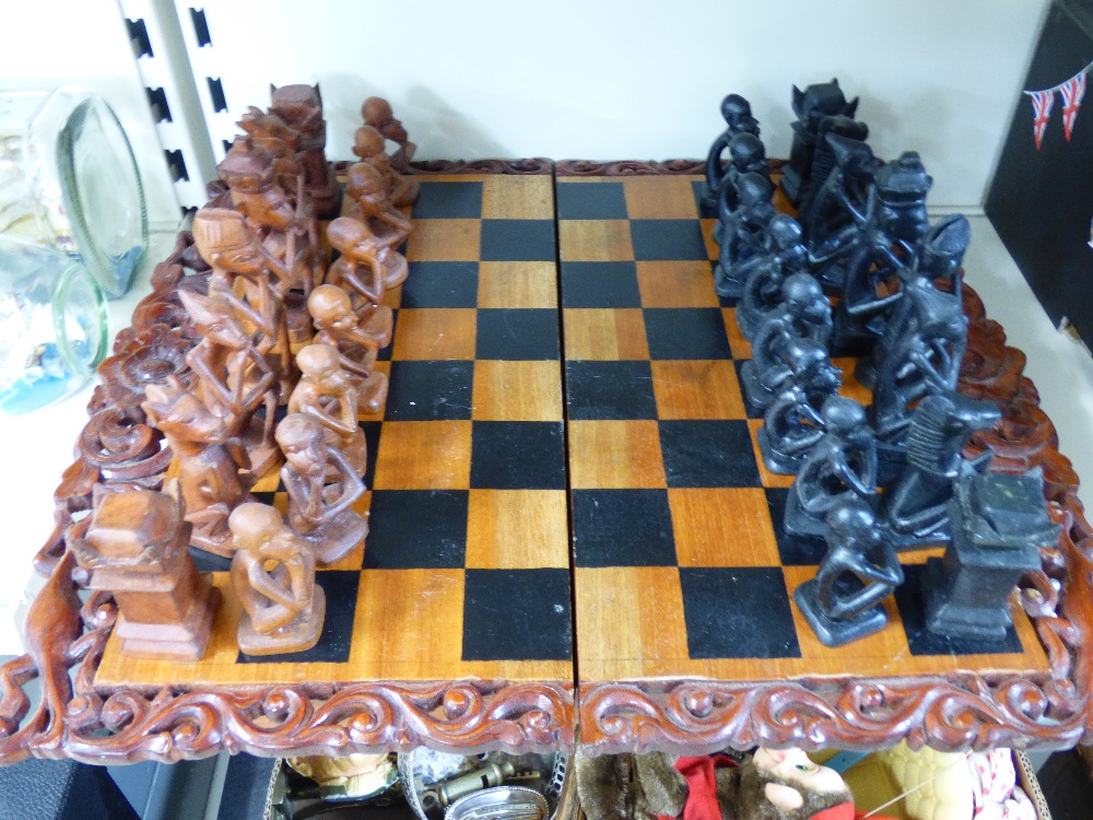 FOLDING WOODEN CHESS BOARD & HAND CARVED PIECES