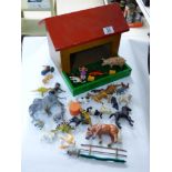 WOODEN TOY STABLE WITH ANIMAL FIGURES