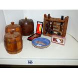 3 WOODEN TOBACCO JARS, PIPES, LIGHTERS & DURAPIPE ASHTRAY