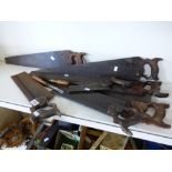 QUANTITY OF VINTAGE CARPENTERS HAND SAWS AND 2 GOUGE CHISELS