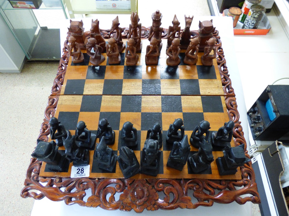 FOLDING WOODEN CHESS BOARD & HAND CARVED PIECES - Image 2 of 2