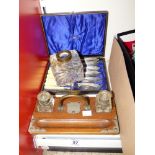CASED FISH KNIVES, GLASS POT & INKSTAND WITH GLASS BOTTLES