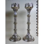 PAIR OF PLATED BRASS CATHEDRAL CANDLE HOLDERS 48CMS