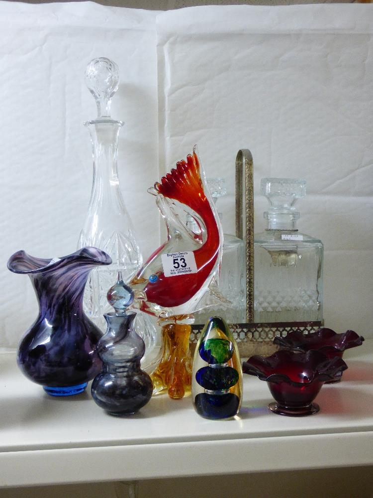 MIXED LOT OF GLASS ITEMS INCLUDING A DECANTER AND PAPERWEIGHT