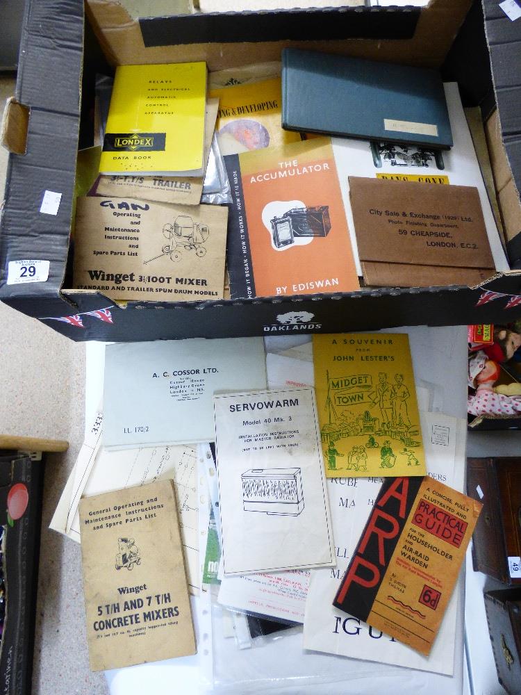 BOX OF EPHEMERA INCLUDING VINTAGE MACHINERY RELATED BOOKLETS